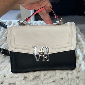 Betsy Johnson love black white and pink crossbody with pink handle OPEN TO OFFER
